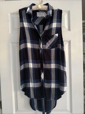 Rails Sleeveless Plaid Button Down Tunic Navy Blue White High Low Sz M